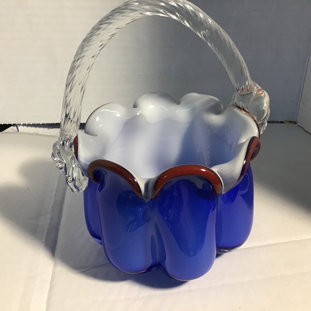 Vintage Unmarked Murano Blue with Brown Trim Basket with Handle-Home Accents